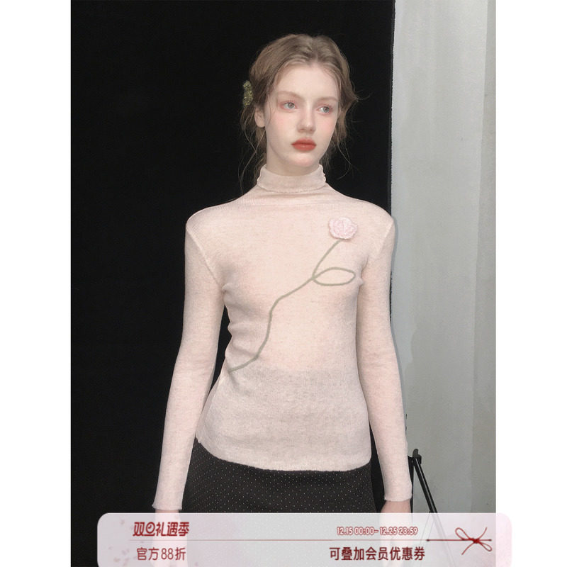 俗集原创 立体花朵三色半高领羊毛打底衫针织内搭上衣