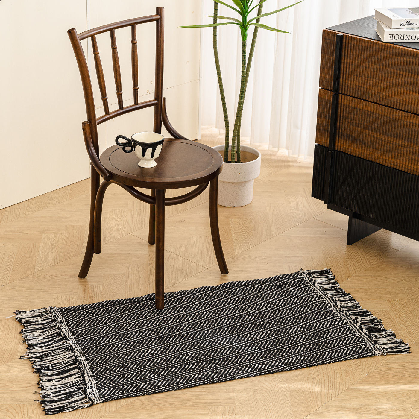 中古风复古格纹流苏无胶地毯