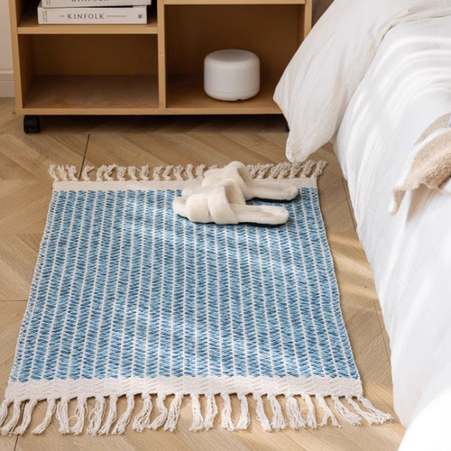 北欧简约手工编织鱼骨纹纯棉地垫