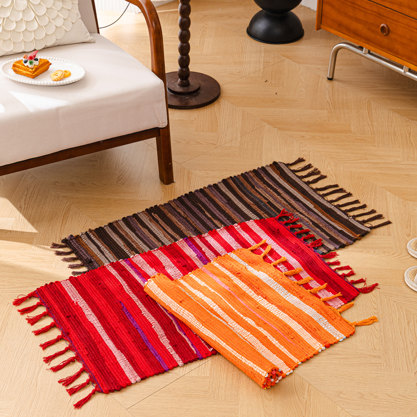 棉布条编织中古风长条床边地毯