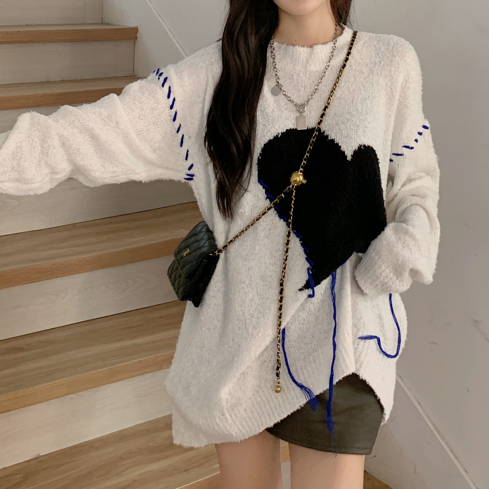 懒风爱心针织衫女中长款宽松毛衣