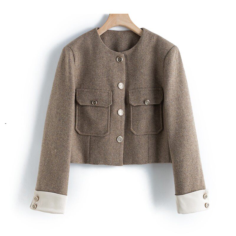 少女咖色小香风外套2025年新款圆领简约设计感羊毛短外套E03123