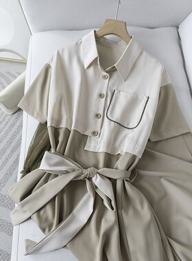 拼色拼接设计衬衫裙 翻领短袖网纱拼接收腰长款秋季连衣裙L24043