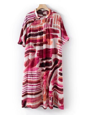 水墨花色 小立领斜襟短袖 透气苎麻印花连衣裙夏季 L64313