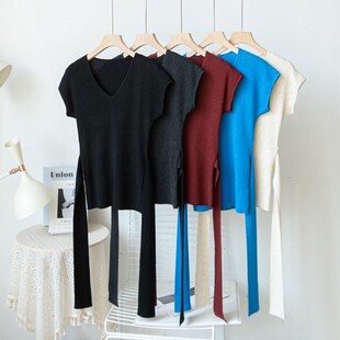 细腻感羊毛混纺~纯色⑤色V领包肩袖腰带系腰显瘦休闲针织衫M25323