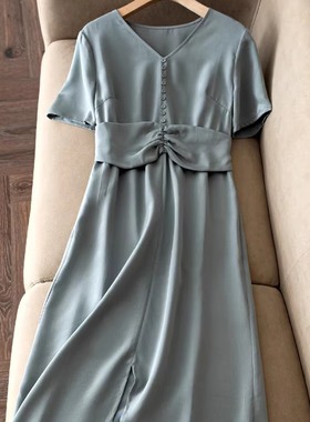 重磅高货桑蚕丝！V领高腰中长款显瘦下开叉气质真丝连衣裙F06621