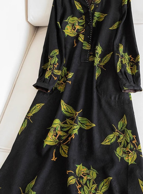 国风印花真丝裙 手缝串珠V领长袖宽松A字长款桑蚕丝连衣裙F05413