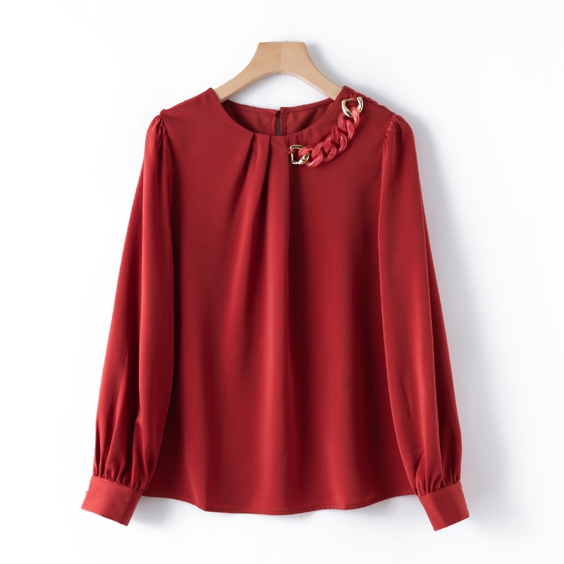 串珠装饰圆领 气质通勤长袖垂顺抗皱简约纯色衬衫C11023