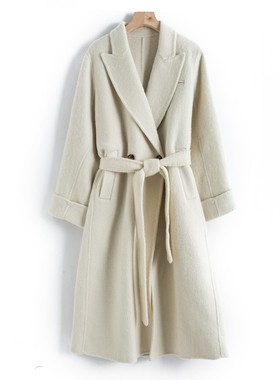 极简风双面毛呢大衣女 长款系带收腰浴袍款外套S08523