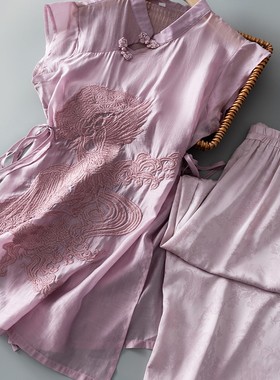 国风刺绣薄款透气中长款衬衫+阔腿裤套装女H01948