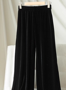 丝绒阔腿裤女~新款高腰显瘦木耳边拼接休闲长裤U09721