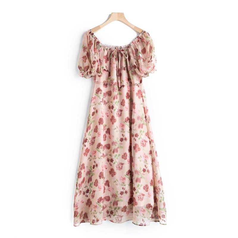 法式印花连衣裙 复古方领泡泡袖收腰显瘦背面打揽短袖女裙 L13922