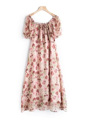 法式印花连衣裙 复古方领泡泡袖收腰显瘦背面打揽短袖女裙 L13922