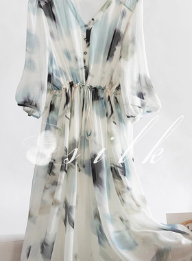 水墨花色 V领七分袖收腰显瘦桑蚕丝真丝连衣裙 F05211