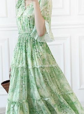 木耳花边V领荷叶袖收腰显瘦印花真丝桑蚕丝连衣裙F27543