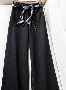 复古深色高腰直筒阔腿牛仔裤女2025冬季新款宽松弹力甩甩裤V05843