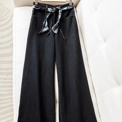 复古深色高腰直筒阔腿牛仔裤女2025冬季新款宽松弹力甩甩裤V05843