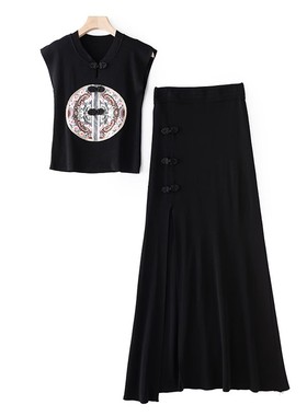 曲珠冰麻 立领无袖刺绣上衣+高腰半身裙套装H03328