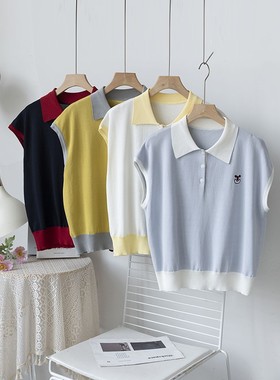 复古撞色系~POLO领包肩袖卡通刺绣直筒薄款冰丝针织衫女M16643