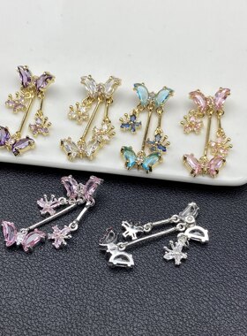 高保色DIY韩版时尚镶锆石蝴蝶流苏耳钉吊坠超闪气质感百搭耳饰