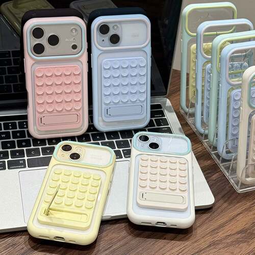 适用苹果17PROMAX手机壳马卡龙拼色积木吸盘支架简约iPhone18硬壳