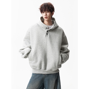 外 boxy宽松加厚帽衫 法国Anseola美式 重磅灰色纽扣连帽卫衣男春季