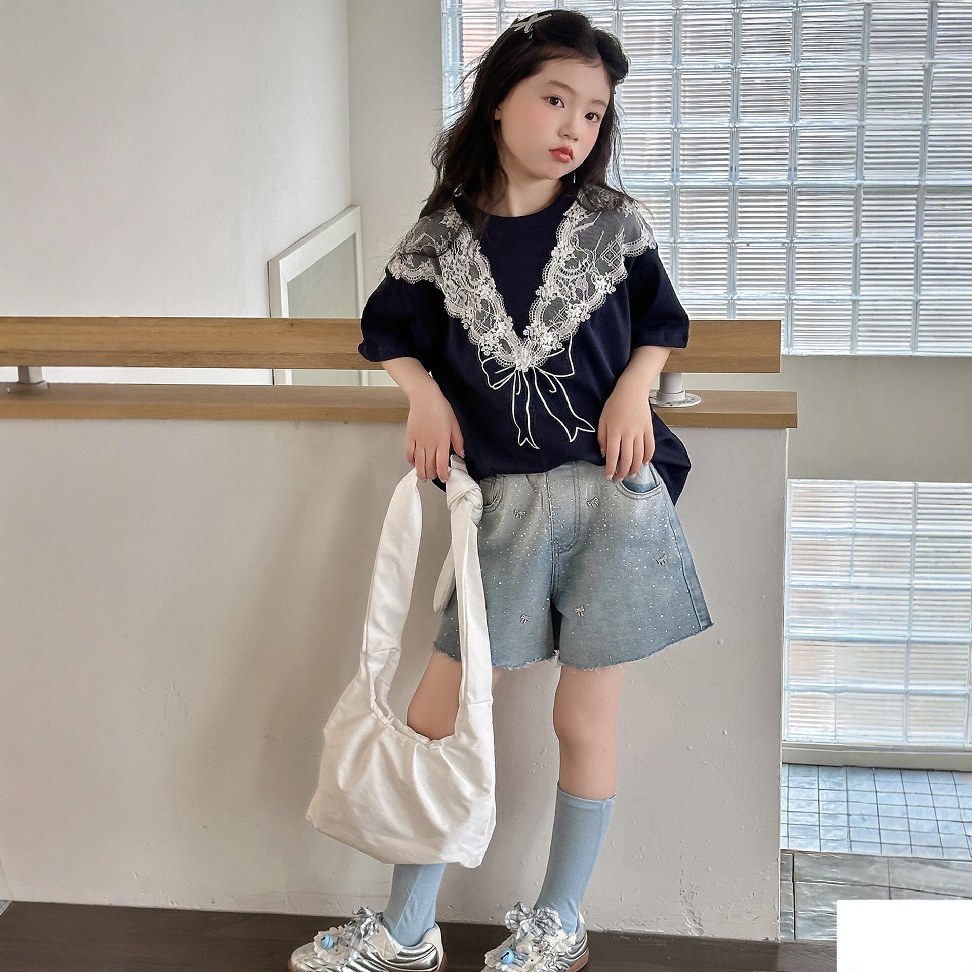 韩版女童夏装新款蕾丝花边蝴蝶结短袖T恤中大童洋气百搭上衣夏装t