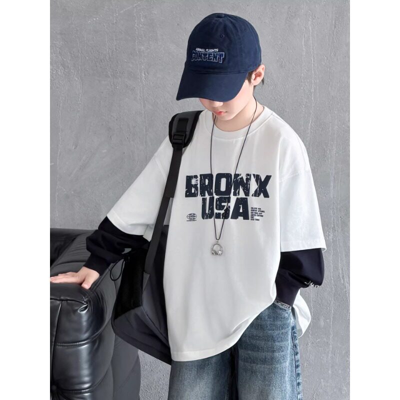 男童长袖T恤春秋款2026新款大童春季男孩春装儿童帅气假两件上衣