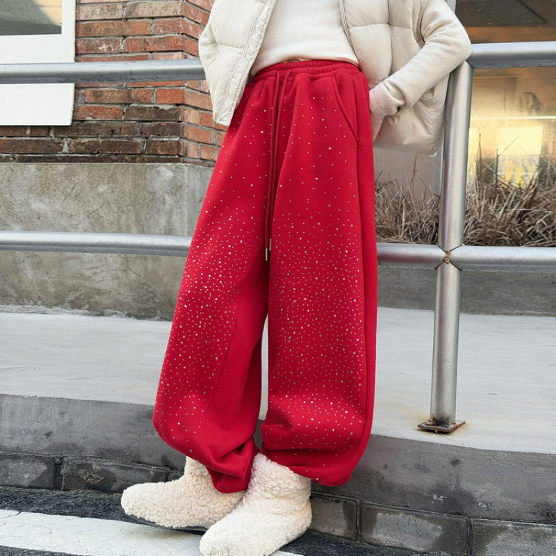 女童满天星红色阔腿裤女2025冬季新款加绒加厚垂感休闲裤子百搭款
