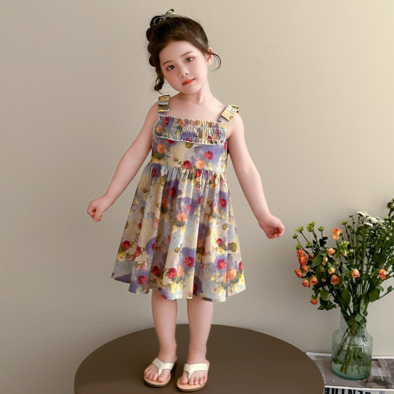 女童夏季新款无袖连衣裙女孩吊带裙超萌背心裙洋气休闲碎花公主裙