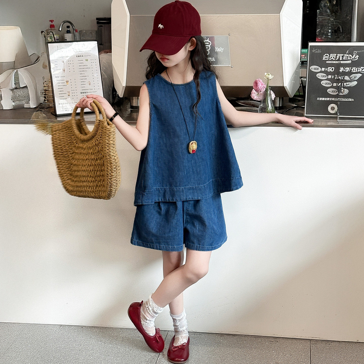 女童2026夏季新款套装时尚休闲儿童中大童女孩牛仔背心短裤两件套