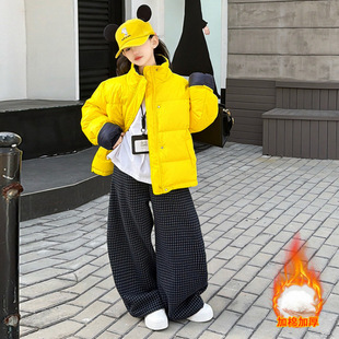 女大童韩版时尚冬季保暖棉服外套加绒加厚格子阔腿裤套装时尚百搭