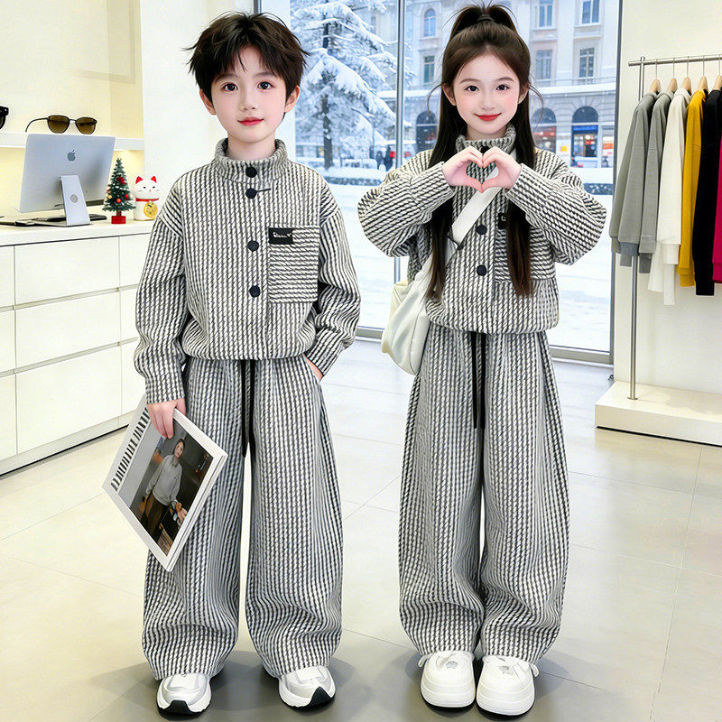 男女童套装春秋季2026新款儿童休闲雪尼尔女宝春装兄妹运动两件套