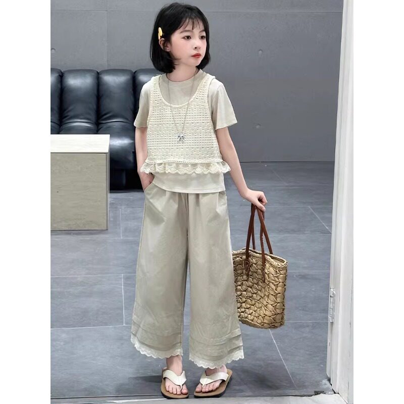 女童夏装套装2026新款儿童洋气大童女孩夏季短袖T恤阔腿裤三件套