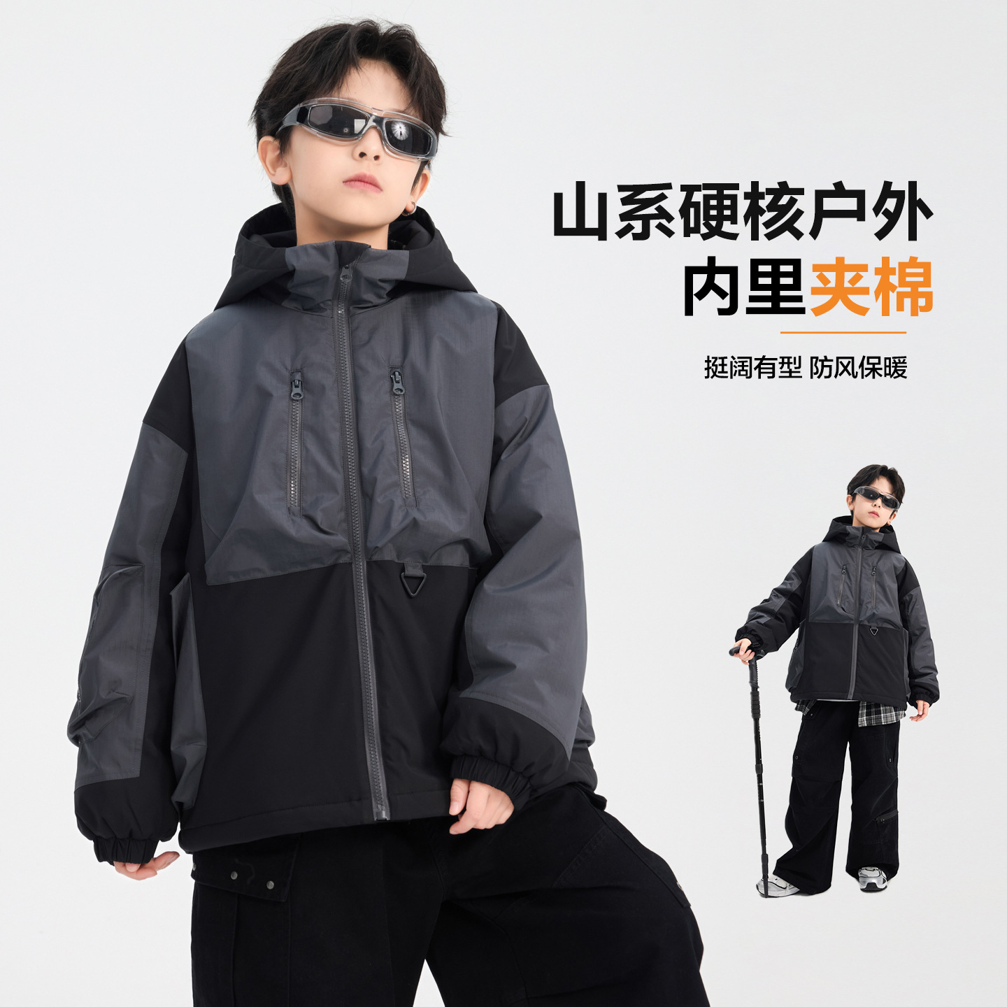 男童冬装户外工装防水冲锋衣夹棉加厚棉服2025新款儿童装运动棉衣