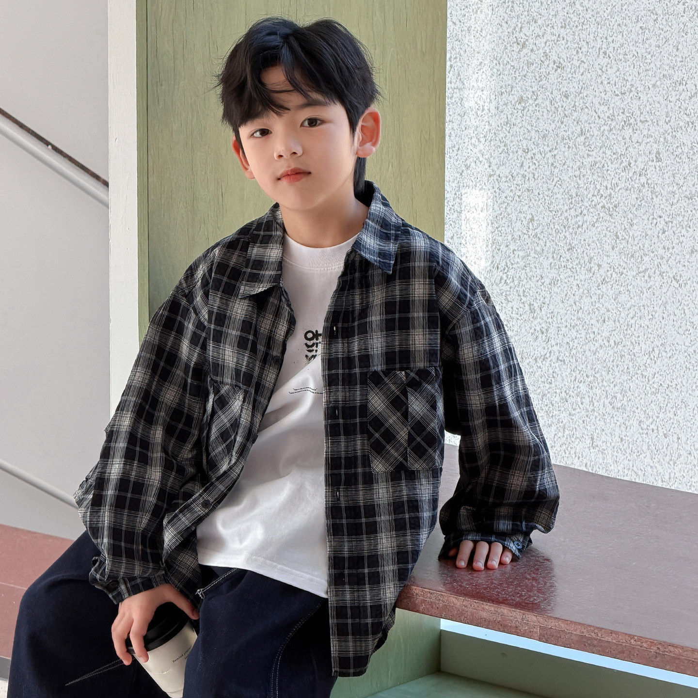 男童格子衬衫外套春款2026新款潮中大童春秋季儿童男孩衬衣宽松潮
