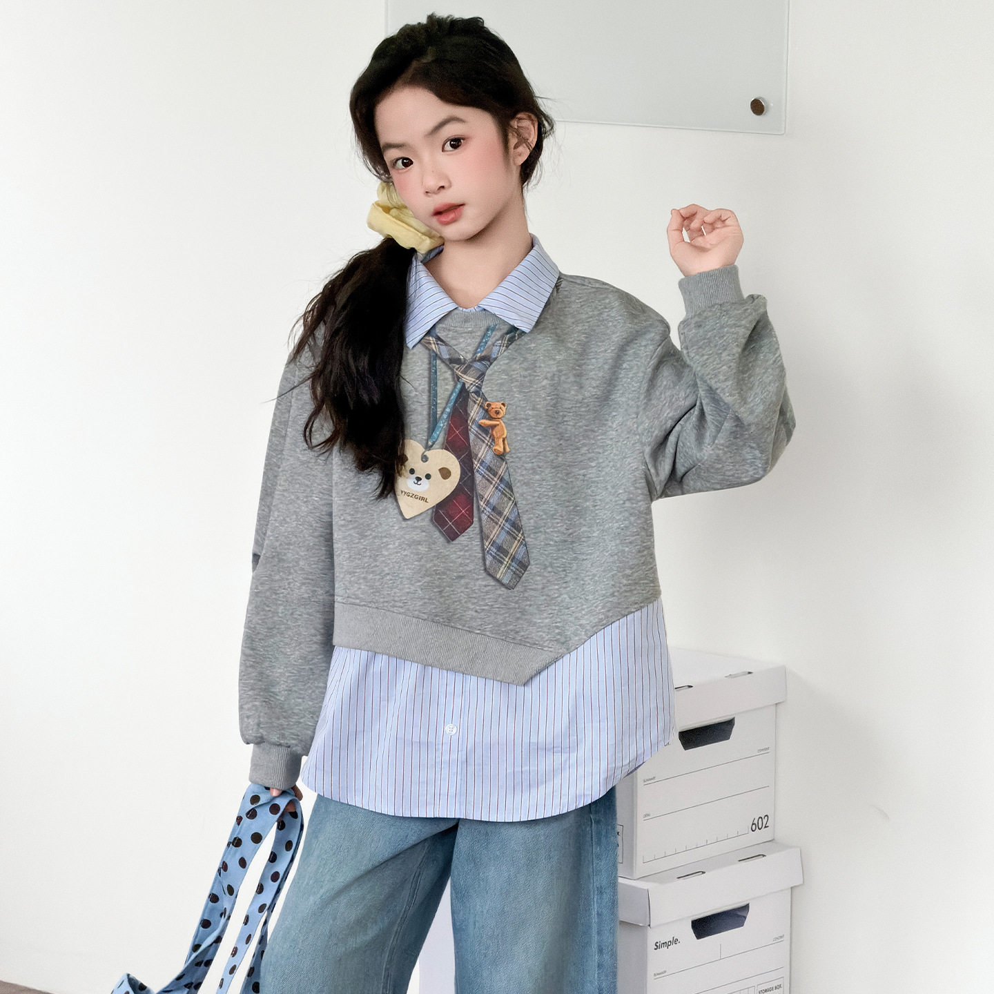 女童春款韩系假两件卫衣中大童春季新款拼接条纹时尚长袖翻领上衣