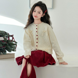 女童复古红色毛衣开衫2025新款儿童超好看红色毛衣半身裙两件套潮
