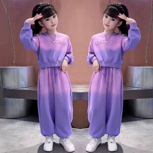 女童套装春秋渐变色2026新款洋气紫色儿童春装卫衣休闲运动两件套
