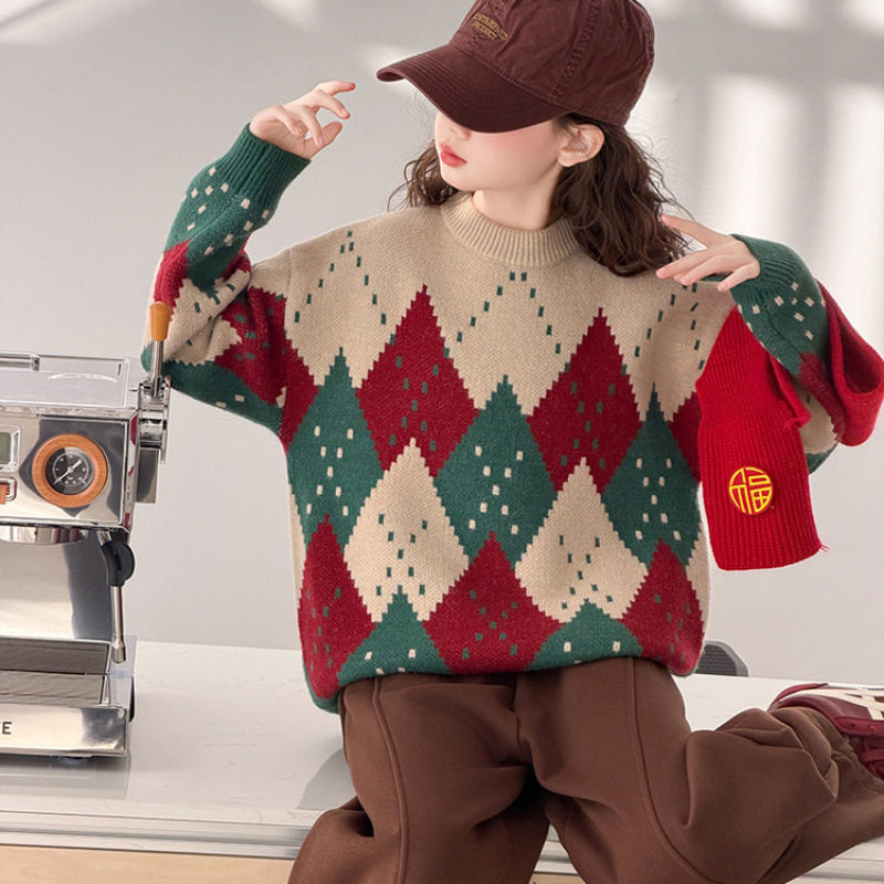 女大童圣诞毛衣冬装加厚上衣青少年初高中生套头针织衫毛线衣打底