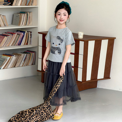 女童夏装半身裙套装2026新款女孩印花T恤网纱蛋糕裙中大童两件套