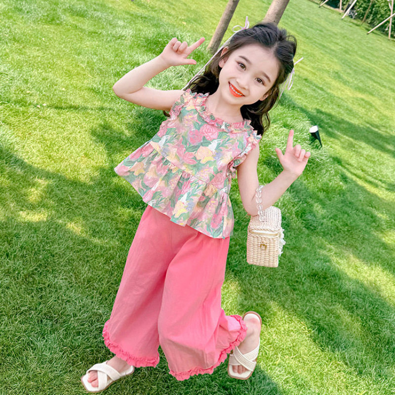 女小童碎花无袖套装夏款2026新款洋气时髦花边背心阔腿裤夏装甜美