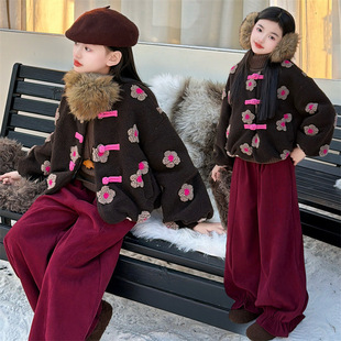 女童冬季洋气提花加棉加厚外套2025女孩冬款加绒灯芯绒花苞裤套装