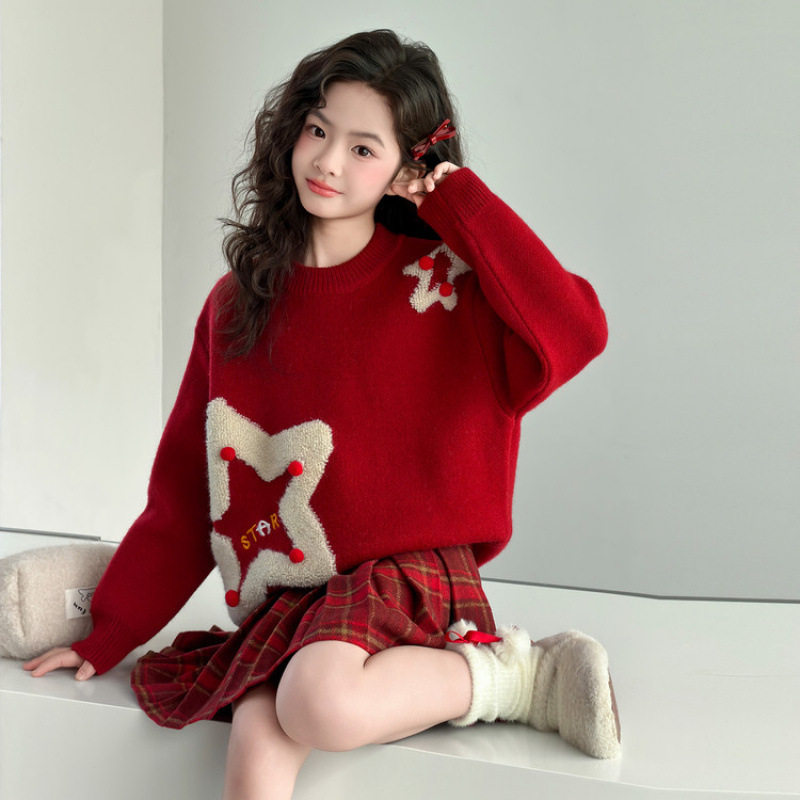 女童冬季毛衣裙子套装2025新款大童红色新年针织衫儿童本命年衣服
