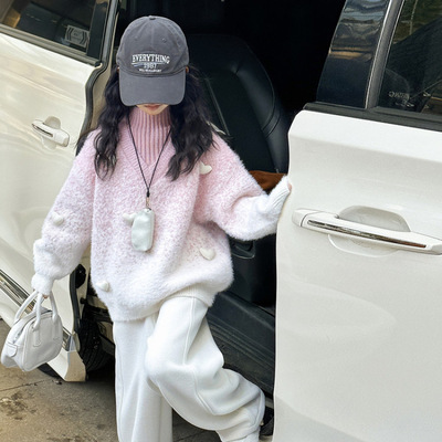 女童毛衣2025秋冬新款儿童加绒加厚打底衫女孩大童爱心水貂绒毛衣