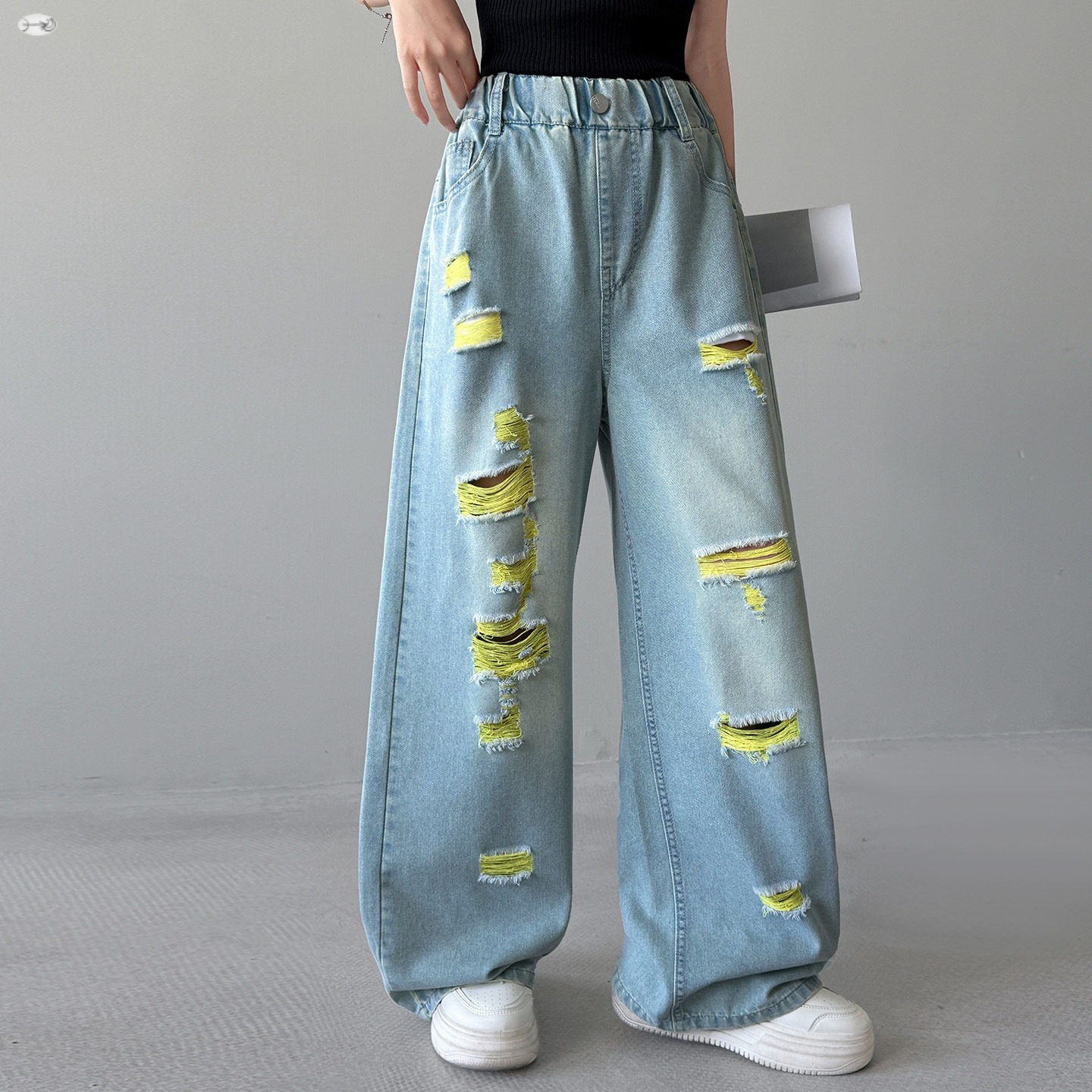 女童夏季个性撞色破洞牛仔裤儿童黄色毛边高腰宽松阔腿休闲长裤