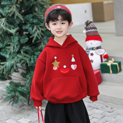 男童加绒连帽卫衣秋冬款2025新款冬季加厚保暖宝宝儿童喜庆拜年服