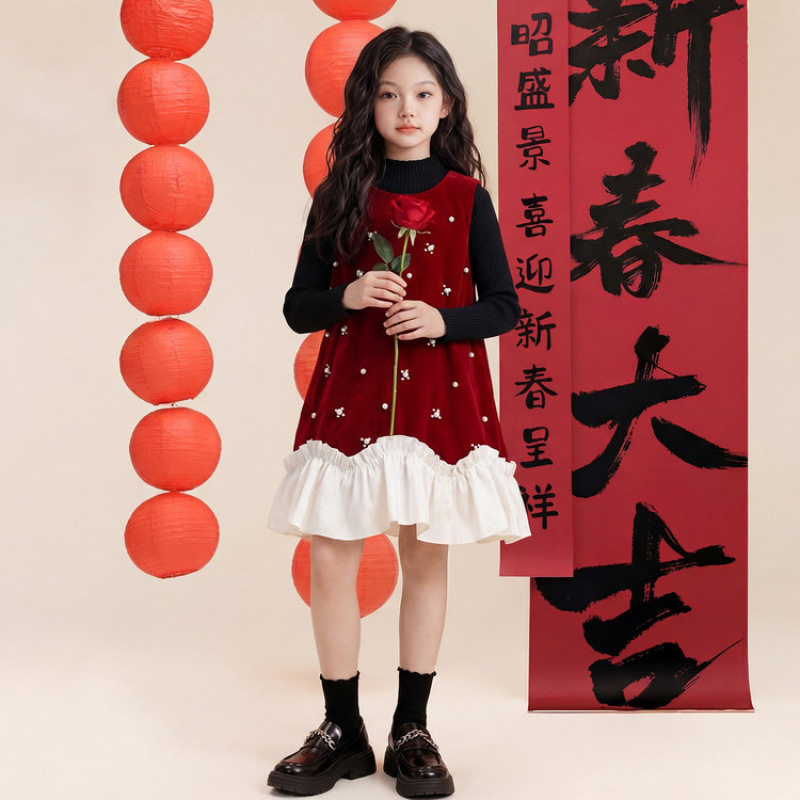 女童连衣裙套装2025新款女孩新年红色拜年服儿童大童冬季加厚裙子