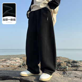 男童秋冬季潮酷黑色弯刀一体绒阔腿卫裤2025新款儿童加厚运动裤子