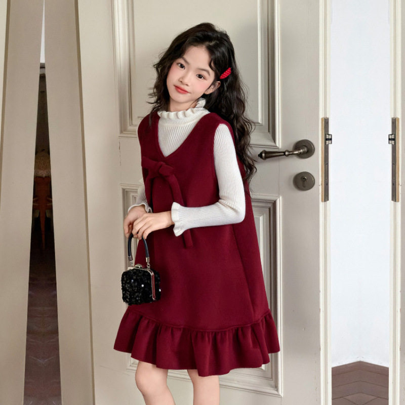 女童红色蝴蝶结连衣裙小香风背心裙加绒公主裙新年拜年服两件套冬